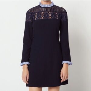 Sandro Paris Iris Lace Ruffle Mixed Media Mini Dress long sleeve Dark Blue EU 36